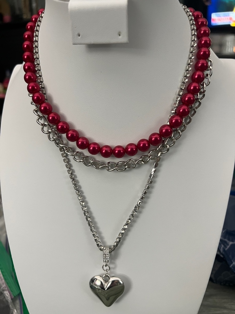 Paparazzi Red Beaded & Silver Chain Layered Heart Necklace